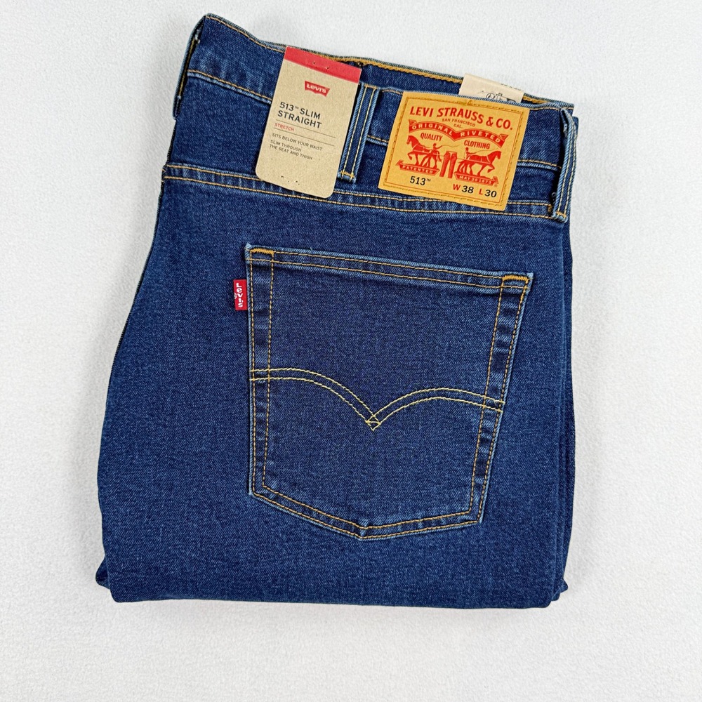 Levis 513 Slim Straight Strech Jeans Size 38x30 Mens Dark Blue Faded Wash NEW